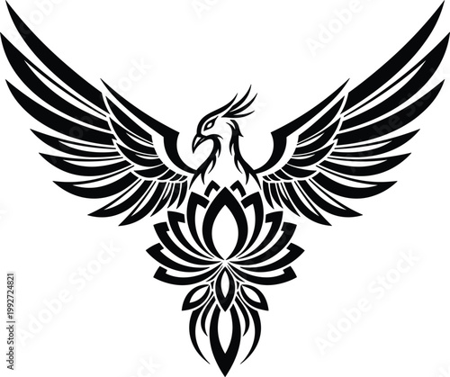 Majestic Phoenix Bird Vector Illustration with Spread Wings and Lotus Flower Base for Tribal Tattoos, Spirit Animal Logos, and Mythological Branding Designs
