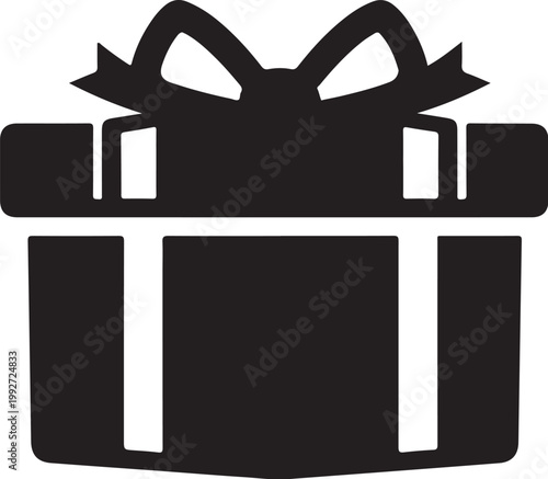 Black gift box icon, present box symbol, ribbon bow, gift wrapping, icon set
