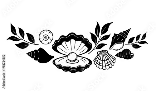 Decorative seashell composition with clam and pearl vector illustration in minimal silhouette style isolated on white