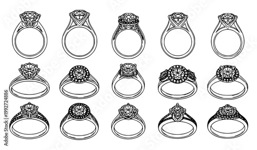 Diamond engagement ring outline vector set with various styles and settings jewelry collection isolated on white background