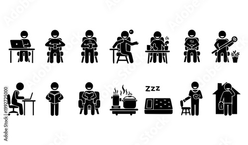 Stick figure activity icon set with daily life and work from home scenarios isolated on white background