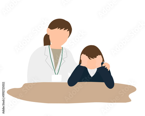 保健室で養護教諭に相談する女子小学生のイラスト