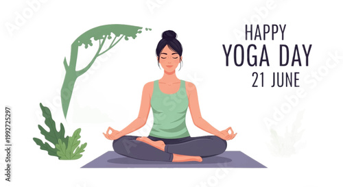 Yoga, meditation, woman, lotus position, yoga day, green, illustration