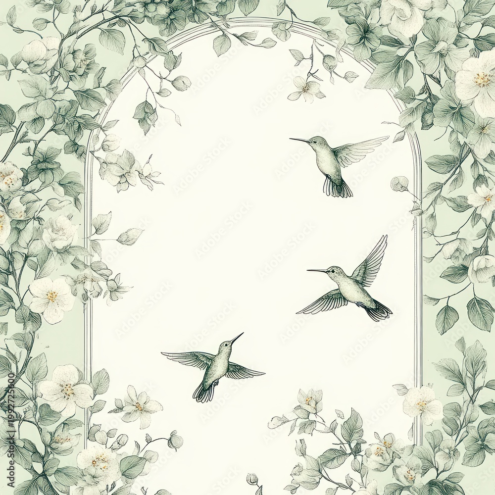 Fototapeta premium delicate botanical arch of white blossoms and green leaves framing three hovering hummingbirds, serene and whimsical mood