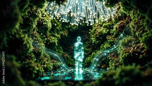Glowing digital human silhouette standing inside lush mossy forest environment with fiber optic light strands and neon data streams