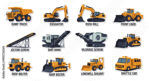 Collection of construction vehicles depicted in a flat, illustrative style, featuring a dump truck, excavator, rock drill, front loader, conveyor belt, and other heavy machinery,