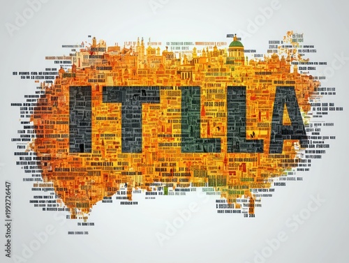 Vibrant typographic map of Italy made from orange and green text and tiny architectural silhouettes with a bold dark ITALIA stamped across the center, energetic and celebratory