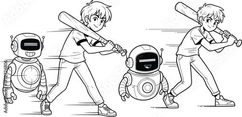 Cartoon boys playing baseball with robots baseball technology competition illustration character gameplay children activity
