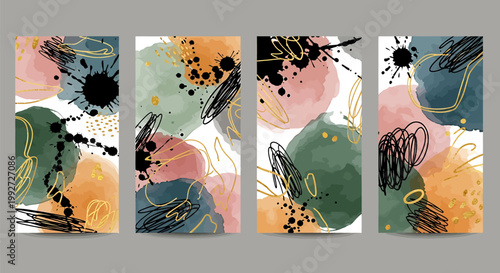 Vibrant abstract art with splatters and brushstrokes on four panels background