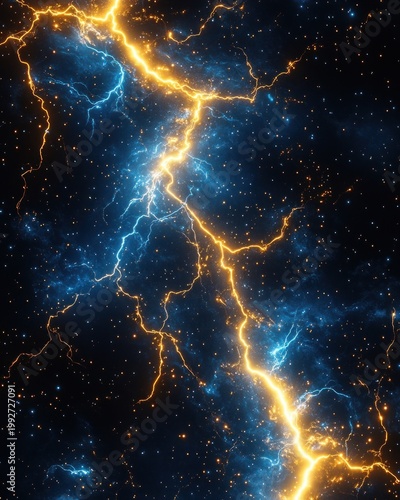golden and blue plasma lightning streaks across a star-filled nebula, dramatic cosmic energy and awe