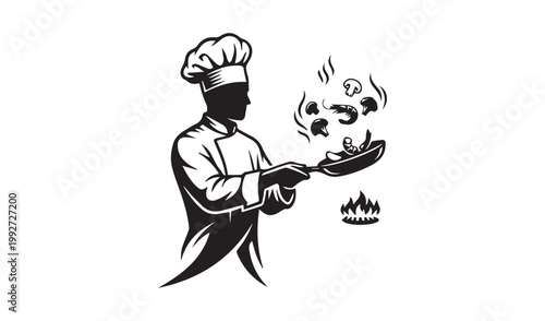 Professional chef silhouette cooking with frying pan, restaurant culinary expert tossing food over gas flame, black and white kitchen vector icon