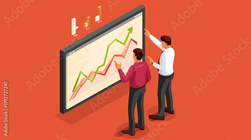 Two businesspeople view a large screen displaying upward trending graphs