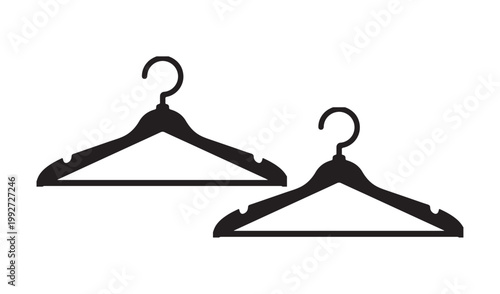 Black clothes hanger silhouette vector, minimalist coat hangers for wardrobe organization, laundry and fashion retail icons on white background