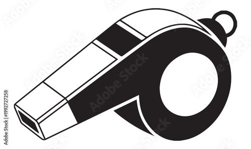Minimalist sports whistle vector icon, black and white referee whistle illustration, professional coach equipment graphic for gym and athletics