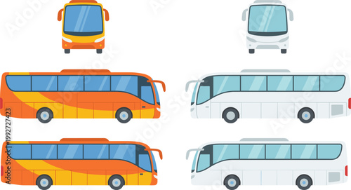 Two sets of modern double decker buses with cars viewed from above in a flat design style