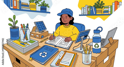 woman sitting at desk with laptop and books, eco friendly workspace
