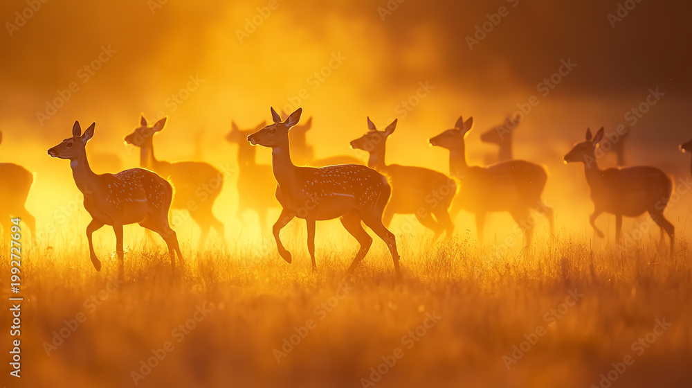 Naklejka premium A herd of graceful deer moves through a misty landscape, illuminated by the golden glow of sunrise, creating a serene wildlife scene.