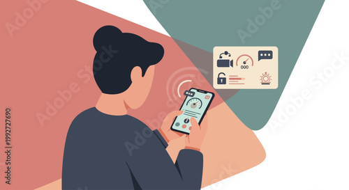 Woman using smartphone with security icons