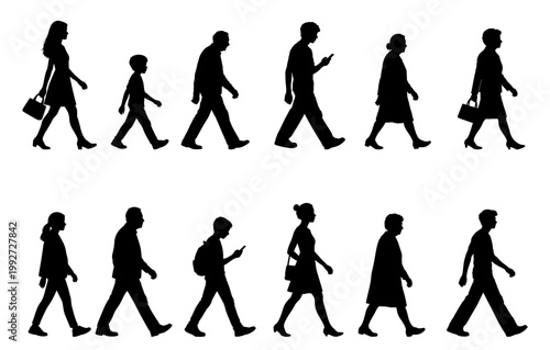 vector illustration. silhouettes of people walking along the street. Large set of characters of different ages.	

