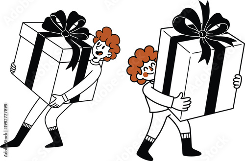 People carrying large gift boxes with carrying surprise celebration birthday christmas illustration delivery shipping excitement lifestyle
