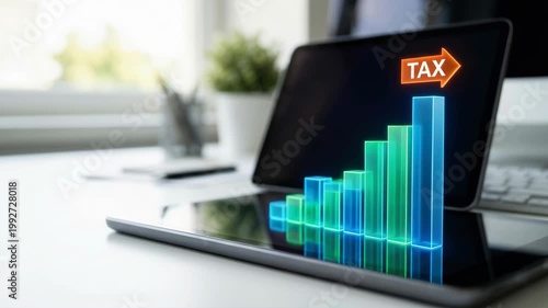 Tax planning finance business growth chart laptop office workspace concept with rising bar graph on desk for accounting and planning