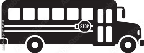 Black school bus icon, stop sign, transportation symbol, vector illustration