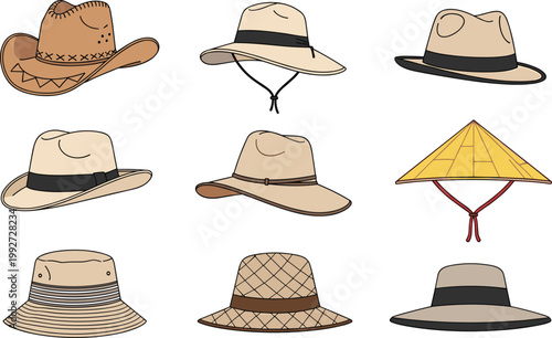 Set of Summer Sun Hats and Outdoor Headwear Icons Including Cowboy Fedoras Safari Panamas and Asian Conical Hats for Travel Tourism and Fashion Design Concepts