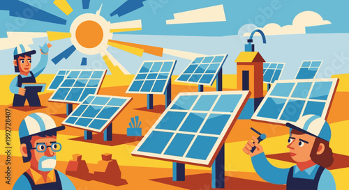 Workers installing solar panels in desert field