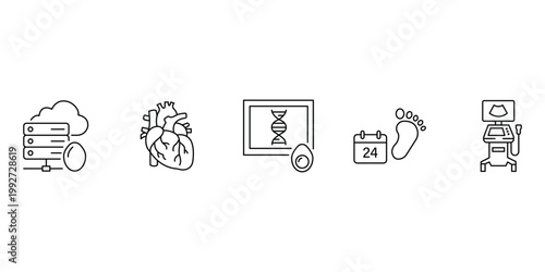 Pregnancy and genetics collection featuring  DNA research heart health data storage baby footprints and ultrasound machine icon vector illustration.
