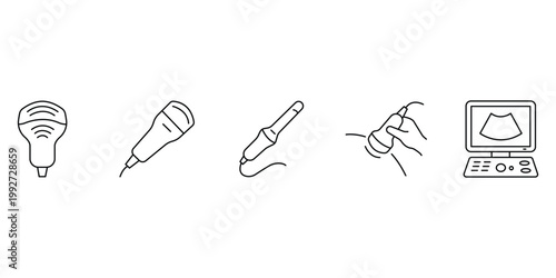 Medical ultrasound and sonography diagnostic equipment collection featuring various transducers probes and monitoring screen icon vector illustration.