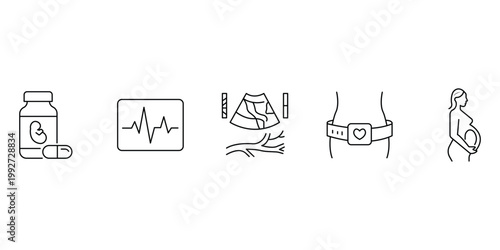 Pregnancy and maternity care collection featuring vitamins heartbeat scan monitor belt and pregnant woman icon vector illustration.