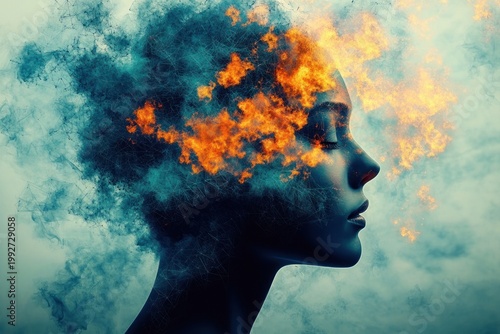 silhouette profile with explosive fiery cloud hair and abstract smoky energy expressing inner turmoil and intense creativity