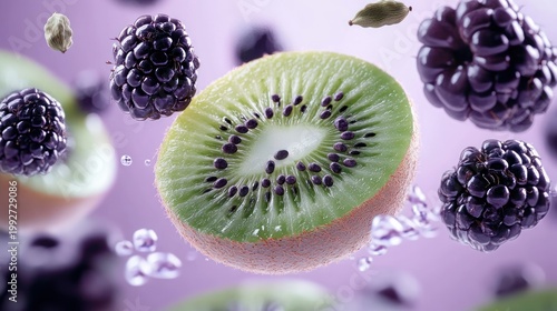 Refreshing vibrant floating kiwi slice surrounded by glossy blackberries, cardamom pods and splashing water droplets on a soft purple background, evoking juicy freshness