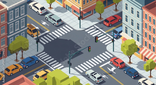 Busy City Street Intersection with Traffic and Buildings.