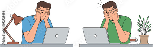 Stressed Young Man Working on Laptop at Desk Feeling Overwhelmed Tired and Exhausted During Remote Office Tasks or Late Night Studying Vector Illustration Set for Burnout and Mental Health