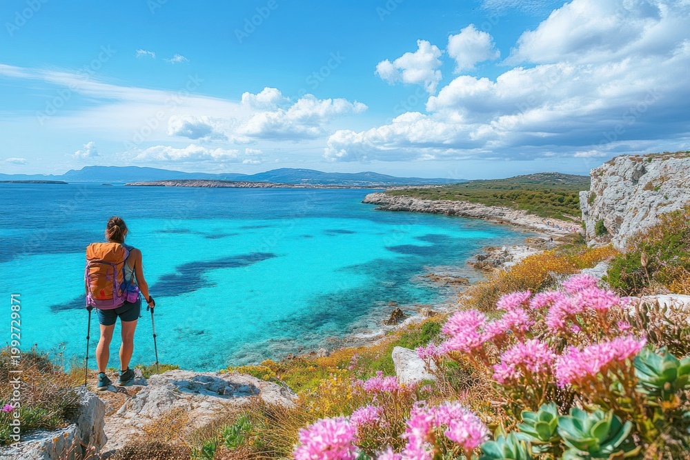 Fototapeta premium Hiker with orange backpack and poles stands on rocky cliff overlooking turquoise sea, pink wildflowers and distant headland under bright blue sky, evoking awe and tranquility