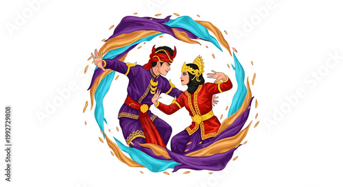 Two dancers in colorful traditional costumes.