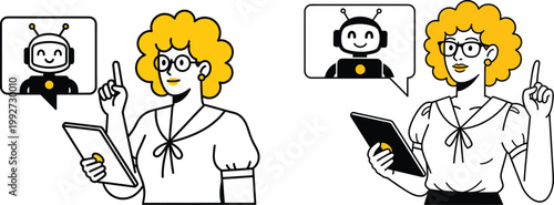 Woman interacting with AI bot on tablet technology communication interaction learning information assistant interface connection question