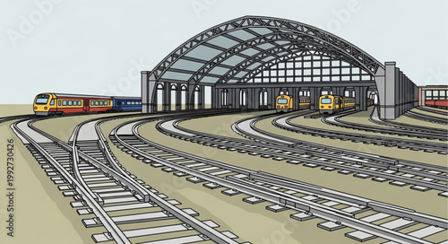 Historic Train Station with Multiple Tracks and Trains.