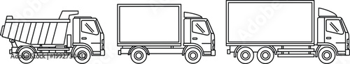 Three line art trucks including a dump truck and box trucks on white background