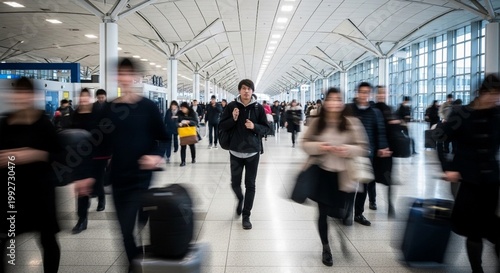 Young man walking through a busy airport terminal with blurred travelers