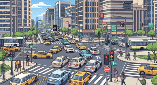 Busy City Street with Traffic and Pedestrians.