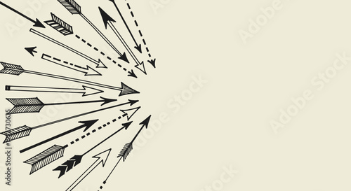Hand-drawn arrows in various styles converging towards a central point on a light background, illustrating focus and direction.