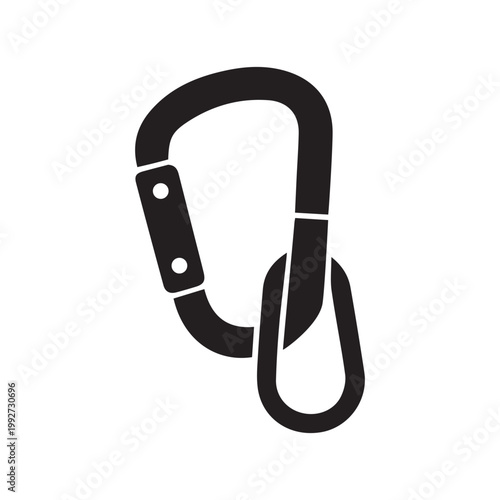 Black silhouette of a carabiner clip with a chain link attached for climbing
