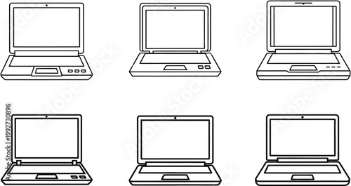 Six vintage laptop computer illustrations in a grid arrangement black and white sketch style