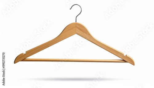 A close-up shot of a wooden clothes hanger against a simple backdrop. The hanger is made of light-colored wood, and has a metal hook for hanging clothes.