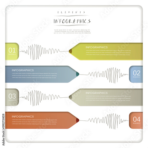 4-Step Creative Pencil Research Infographic. Professional Vector Template with Alternating Horizontal Banners, Scribble Effect, and Muted Earth Tones.