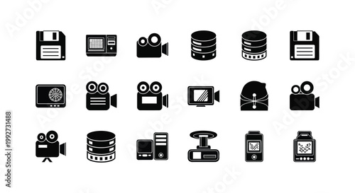 Set of black and white vector icons featuring various classic technology hardware and vintage media storage devices