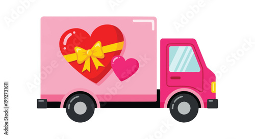 Cute pink delivery truck illustration featuring a large red heart gift box with a yellow bow decoration