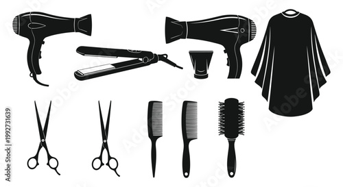 Professional hair salon equipment vector illustration featuring essential styling tools for modern hairdressers and barbershop business branding
